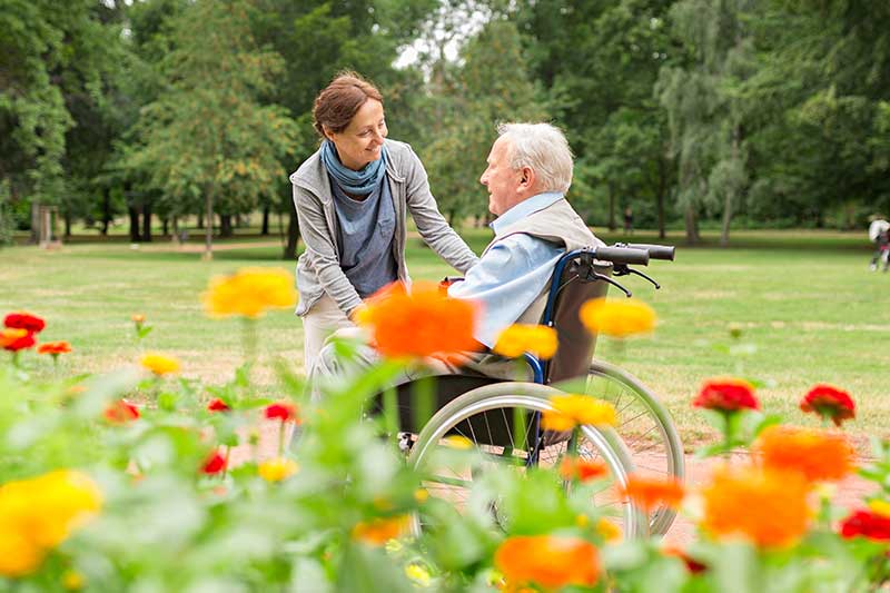 volunteer strolling senior in park